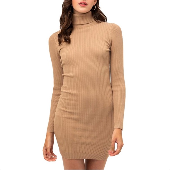 Love Tree Tan Ribbed Long Sleeve Turtle Neck Dress​ - Picture 1 of 5